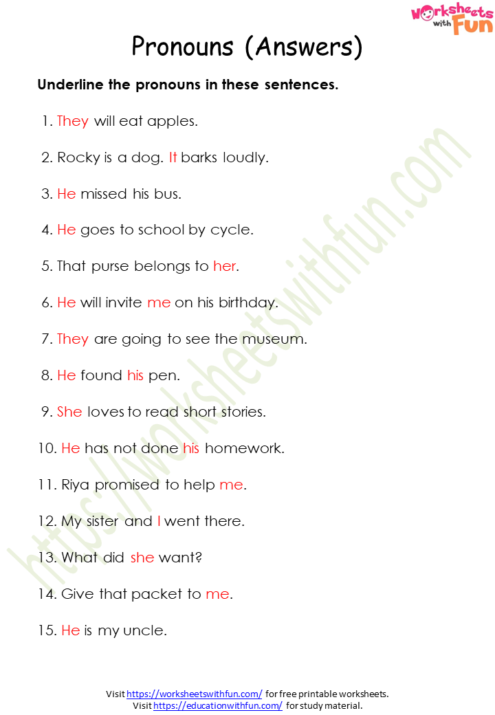Personal Pronouns Worksheet With Answers For Class 4